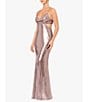 Color:Champagne - Image 1 - Drape Neck Long Metallic Gown