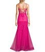 Color:Hot Pink - Image 2 - Embellished Illusion Corset Lace-Up Back Mermaid Gown
