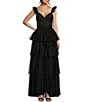 Color:Black - Image 1 - Flutter Sleeve Sweetheart Neck Tiered Mesh Ball Gown
