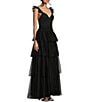 Color:Black - Image 3 - Flutter Sleeve Sweetheart Neck Tiered Mesh Ball Gown