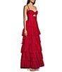 Color:Red - Image 3 - Front Cut-Out Sweetheart Neck Ruffled Tulle Tiered Ball Gown