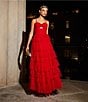 Color:Red - Image 5 - Front Cut-Out Sweetheart Neck Ruffled Tulle Tiered Ball Gown
