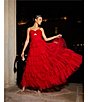 Color:Red - Image 6 - Front Cut-Out Sweetheart Neck Ruffled Tulle Tiered Ball Gown
