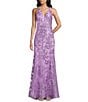 Blondie Nites Glitter Sequined Leaf Pattern V-Neck Sleeveless Tie Back Gown - Image 1