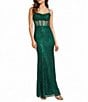 Blondie Nites Glitter Patterned Drape Neck Illusion Corset Long Dress - Image 1