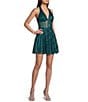 Blondie Nites Glitter Patterned Halter V-Neck Illusion Corset A-Line Dress - Image 1
