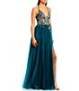 Color:Teal/Gold - Image 3 - Halter Neck Tie Back Embroidered Corset Gown