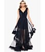 Color:Black - Image 5 - Mesh Ruffle Trim V-Back Ball Gown