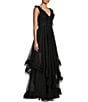 Color:Black - Image 3 - Mesh Ruffle Trim V-Back Ball Gown