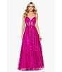 Color:Hot Pink - Image 5 - Pattern Glitter Lace-Up Back Illusion Corset Ball Gown