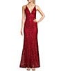 Color:Red - Image 1 - Pattern Glitter Mesh Deep V-Neck Tie Back Mermaid Gown