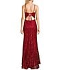 Color:Red - Image 2 - Pattern Glitter Mesh Deep V-Neck Tie Back Mermaid Gown