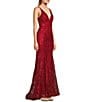 Color:Red - Image 3 - Pattern Glitter Mesh Deep V-Neck Tie Back Mermaid Gown