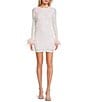 Color:Pink Multi - Image 1 - Pattern Sequin Long Sleeve Feather Cuff Bodycon Dress