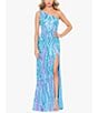 Color:Aqua Multi - Image 5 - Pattern Sequin One Shoulder Lace-Up Back Long Dress