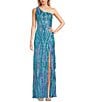 Color:Aqua Multi - Image 1 - Pattern Sequin One Shoulder Lace-Up Back Long Dress