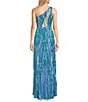 Color:Aqua Multi - Image 2 - Pattern Sequin One Shoulder Lace-Up Back Long Dress