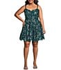 Blondie Nites Plus Size Glitter Pattern Mesh Illusion V-Neck Party Dress, Color:Hunter - Image 1