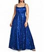 Blondie Nites Plus Size Glitter Patterned Scoop Neck Open Tie Back Pleated Long Dress - Image 1