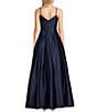 Color:Navy - Image 2 - Satin Illusion V-Neck Ball Gown