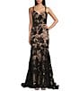 Blondie Nites Sequin Floral Lace Corset Trumpet Dress, Color:Black/Nude - Image 1