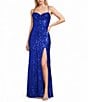 Blondie Nites Sequin Patterned Pinch Front Lace Up Tie Back Side Slit Long Dress - Image 1