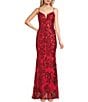 Blondie Nites Sequin Rose Patterned Notch Front V-Back Ballgown, Color:Red - Image 1