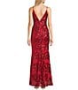 Blondie Nites Sequin Rose Patterned Notch Front V-Back Ballgown, Color:Red - Image 2