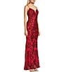 Blondie Nites Sequin Rose Patterned Notch Front V-Back Ballgown, Color:Red - Image 3