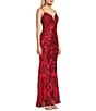 Blondie Nites Sequin Rose Patterned Notch Front V-Back Long Dress - Image 3