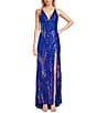 Blondie Nites Sequined Patterned V-Neck Side Slit Ballgown, Color:Royal/Multi - Image 1