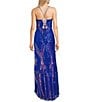 Blondie Nites Sequined Patterned V-Neck Side Slit Ballgown, Color:Royal/Multi - Image 2