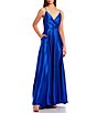 Color:Royal - Image 3 - Sleeveless Spaghetti Strap Surplice V-Neck Pleated Charmeuse Ball Gown