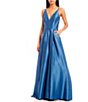 Color:Blue - Image 3 - Spaghetti Strap Plunge Neck Embellished Pocket Ball Gown
