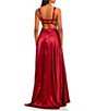 Color:Wine - Image 3 - Square Neck Princess Seamed Double Strap Back Charmeuse Ball Gown