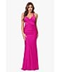 Color:Hot Pink - Image 5 - V-Neck Power Satin Tie Back Long Gown