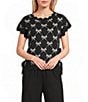 Blu Pepper Bow Pattern Knit Short Sleeve Tie Side Sweater - Image 1
