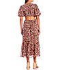 Color:Brown Multi - Image 2 - Crew Neck Short Puff Sleeve Waist Cutout Floral Dress