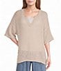 Blu Pepper Crochet Split Neck Elbow Sleeve Knit Top - Image 1