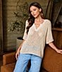 Blu Pepper Crochet Split Neck Elbow Sleeve Knit Top - Image 5