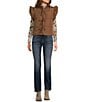 Blu Pepper Flutter Sleeve Bow Detail Zip-Up Puffer Vest, Color:Brown - Image 3