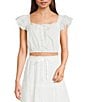 Blu Pepper Flutter-Sleeve Lace-Trimmed Crop Top, Color:White - Image 1