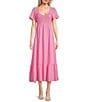 Color:Pink - Image 1 - Flutter Sleeve Smocked V-Neck Midi Dress