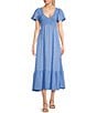 Color:Blue - Image 1 - Flutter Sleeve Smocked V-Neck Midi Dress