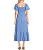 Color:Blue - Image 2 - Flutter Sleeve Smocked V-Neck Midi Dress