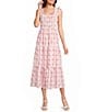 Blu Pepper Gingham Square Neck Ruffle Sleeve Smocked Midi Dress - Image 1