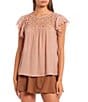 Color:Rose - Image 1 - Lace Contrast Short Sleeve Ruffle Trim Top