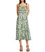 Blu Pepper Leaf Printed Scoop Neck Tie Shoulder Sleeveless Smocked Midi Dress - Image 1