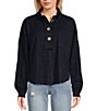 Blu Pepper Long Sleeve Collared Raw Edge Knit Top, Color:Navy - Image 1