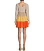 Color:Orange Multi - Image 2 - Long Sleeve Colorblock Tiered Dress